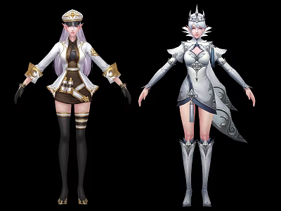 Game and Movie Female Characters in Distinct Outfits with Purple White Hair Crown and Hat 3d model