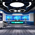 Modern News Studio Interior With Multiple Screens Data Charts Anchor Desk And Cameras