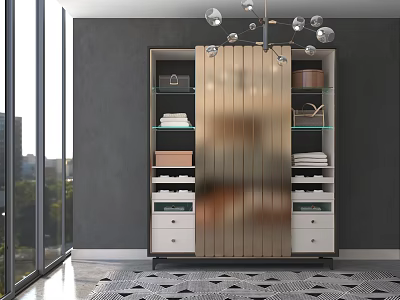 Modern Golden Wardrobe With Glass Doors Storage Boxes Drawers And Folded Towels 3d model