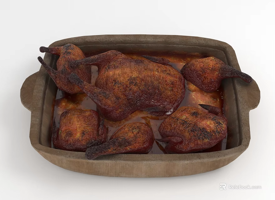 Roasted Chicken Pieces In Wooden Tray With Crispy Skin And Savory Sauce 3d model 