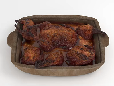 Roasted Chicken Pieces In Wooden Tray With Crispy Skin And Savory Sauce 3d model