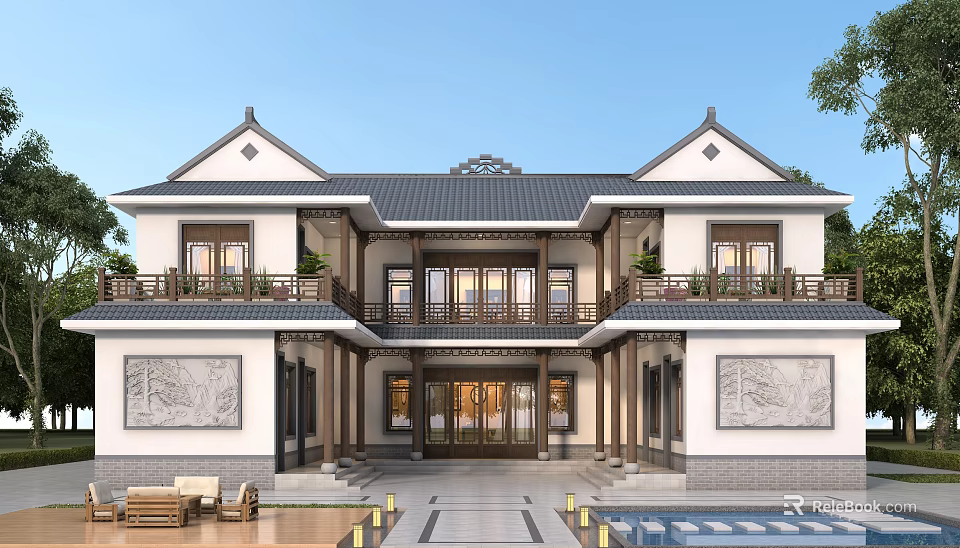 Traditional Chinese Single Family Villa With Curved Roof Stone Carving Murals And Pool 3d model 