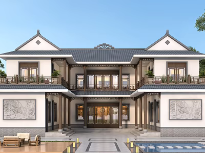Traditional Chinese Single Family Villa With Curved Roof Stone Carving Murals And Pool 3d model