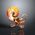 Nautilus With Orange And White Spiral Shell And Curled Tentacles On Dark Background