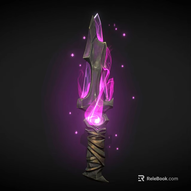 Ornate Glowing Weapon With Purple Flames Twisted Shaft And Floating Light Particles 3d model 