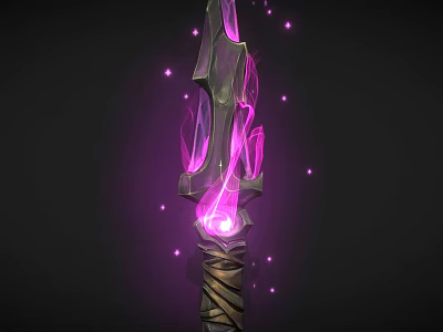 Ornate Glowing Weapon With Purple Flames Twisted Shaft And Floating Light Particles 3d model