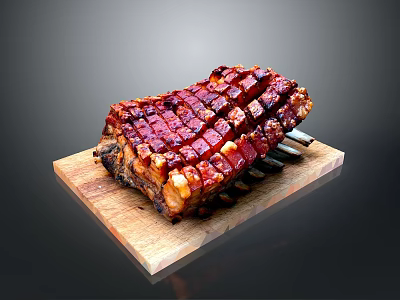 Delicious Grilled Ribs Glazed with Barbecue Sauce on Wooden Cutting Board 3d model