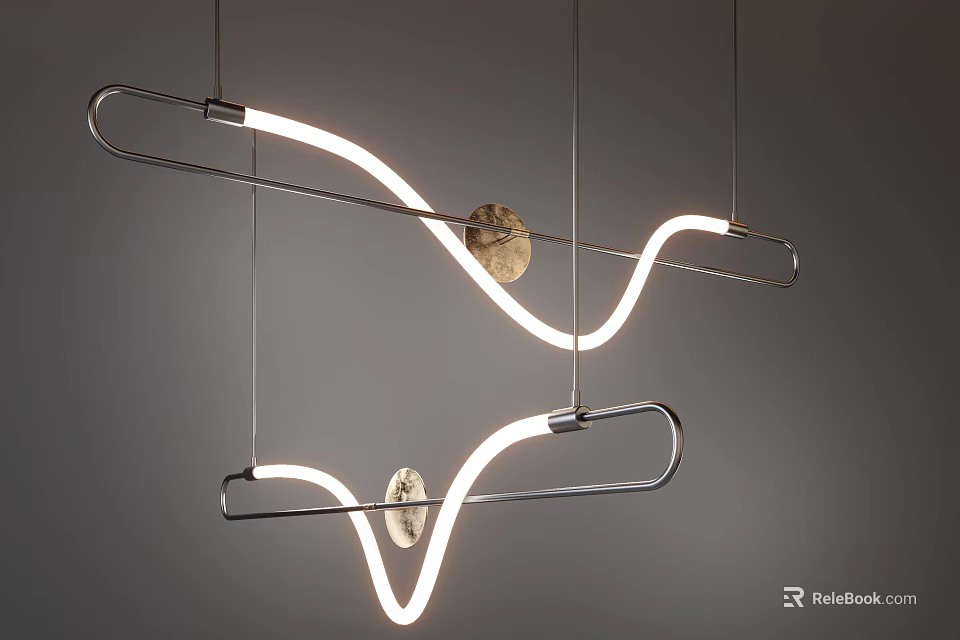 Modern Hanging Chandelier With Curved Illuminated Strips Metal Frame And Circular Decorative Plates 3d model 