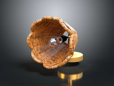 Brown Woven Basket Shaped Lamp With Gold Base And Light Bulb 3d model