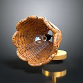 Brown Woven Basket Shaped Lamp With Gold Base And Light Bulb