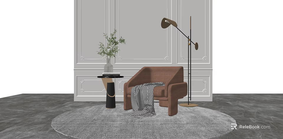 Brown Single Sofa With Floor Lamp Side Table And Paneled Wall Rug 3d model 