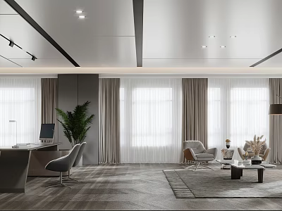 Modern Office Interior Design With Desk Chair Potted Plant Windows And Curtains 3d model