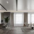 Modern Office Interior Design With Desk Chair Potted Plant Windows And Curtains