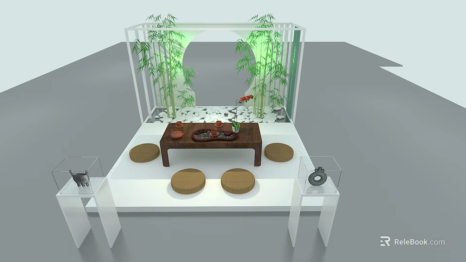 Traditional Zen Style Tea Table And Chairs With Bamboo Screen Round Cushions And Tea Set 3d model 