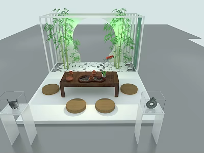 Traditional Zen Style Tea Table And Chairs With Bamboo Screen Round Cushions And Tea Set 3d model