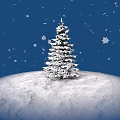 Snow Covered Pine Tree In Winter Scene With Falling Snowflakes And Deep Blue Sky