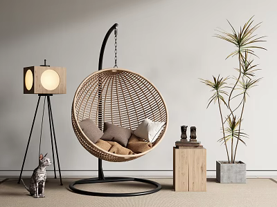 Indoor Wicker Hanging Chair With Round Design Cat Floor Lamp Potted Plant And Wooden Box 3d model