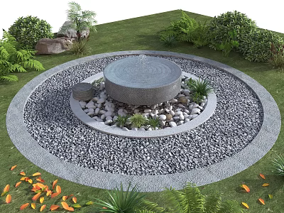 Circular Garden Ornament With Stone Dome Centerpiece Surrounding Gravel Green Plants Grass And Fallen Leaves 3d model