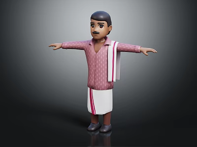 3D Character In Traditional Outfit Pink Striped Shirt White Apron Arms Outstretched On Dark Background 3d model