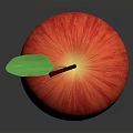 Vibrant Red Apple With Green Leaf And Brown Stem On Black Surface Against Gray Background