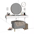 White Wall Mounted Dressing Table With Round Mirror Wall Sconces And Cosmetics On Gray Wall 3d model