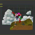 Girl Character On Green Grass Cliff Lifting Foot Holding Red Green Items Clouds And Puddle