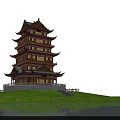 Traditional Ancient Chinese Pagoda Architecture with Multi Story Eaves Green Grassland and Water Surface