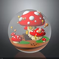 Whimsical Mushroom House Furniture Inside Transparent Sphere With Red White Spots Mushrooms And Green Grass