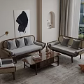 Modern Rattan Sofa and Coffee Table Set with Beige Cushions in Neutral Living Room