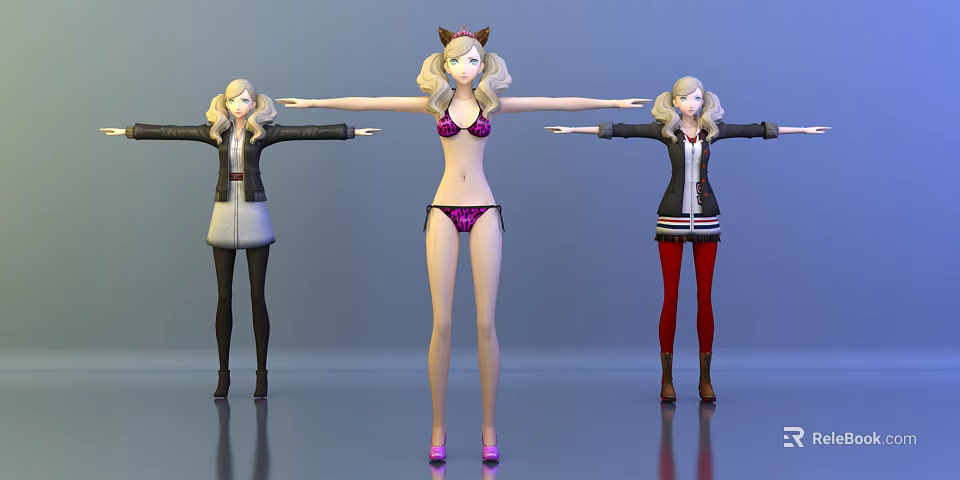 Game and Movie Character Three Stylish Figures With Cat Ears Purple Bikini And Varied Outfits 3d model 