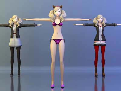 Game and Movie Character Three Stylish Figures With Cat Ears Purple Bikini And Varied Outfits 3d model