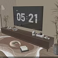 Modern Wooden Console Table With TV Decor Plants And Rug In Living Room