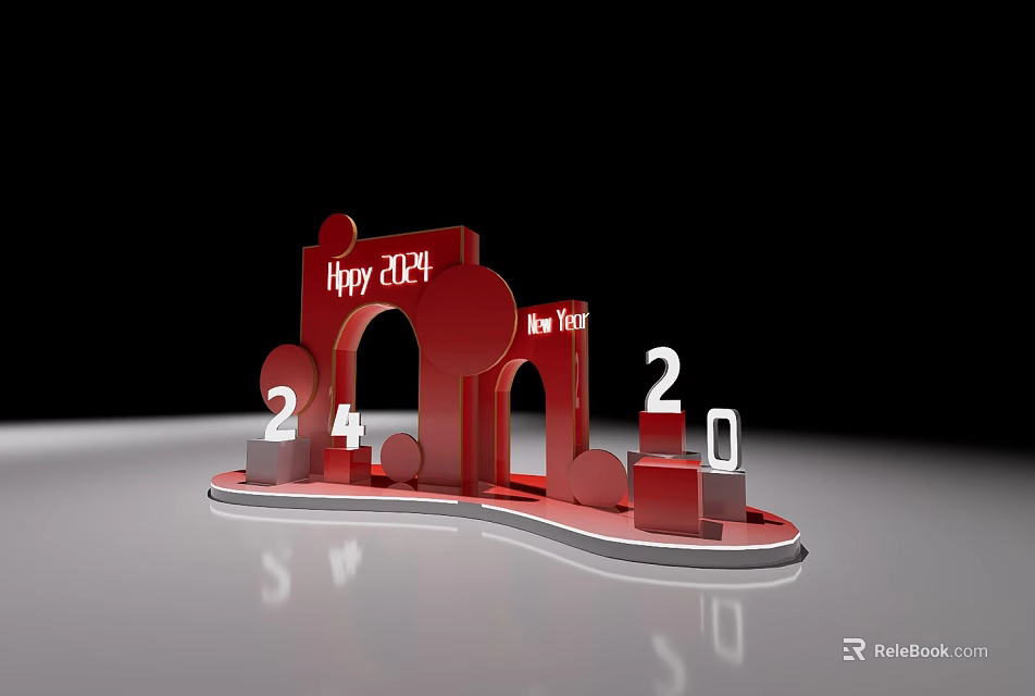 Red 3D Happy 2024 New Year Decorative Display with Numbers 24 and 20 Elements 3d model