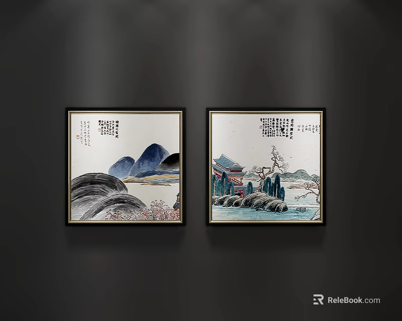 Traditional Chinese Landscape Paintings Hanging on Dark Wall With Mountains Water Pagoda And Calligraphy Inscriptions 3d model 