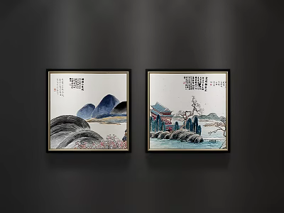 Traditional Chinese Landscape Paintings Hanging on Dark Wall With Mountains Water Pagoda And Calligraphy Inscriptions 3d model