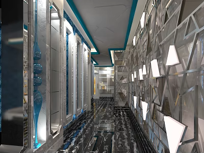 Modern KTV Corridor Interior Design With Metallic Walls Geometric Decor Shiny Floor And Lighting 3d model
