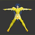 Blue Haired Anime Game Character In Yellow Armor Posing On Dark Reflective Surface