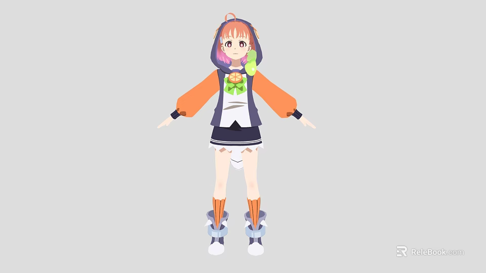 Cartoon Woman With Orange Pink Hair Wearing Hoodie Black Skirt And Green Accessory 3d model 
