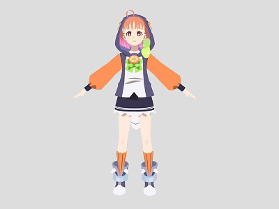 Cartoon Woman With Orange Pink Hair Wearing Hoodie Black Skirt And Green Accessory 3d model