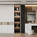 Modern Shoe Cabinet With White And Wooden Design Open Display Shelves Decorative Items And Mirror