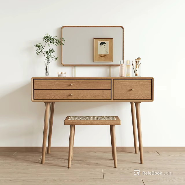 Minimalist Wooden Dressing Table Setup With Mirror Drawers Stool And Decorative Vase Skincare Products 3d model 
