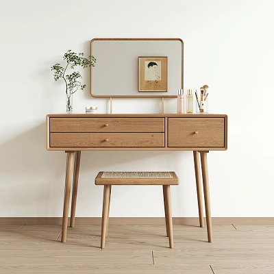 Minimalist Wooden Dressing Table Setup With Mirror Drawers Stool And Decorative Vase Skincare Products 3d model
