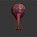 Vibrant Red And Purple Hot Air Balloon With Intricate Net Design And Basket