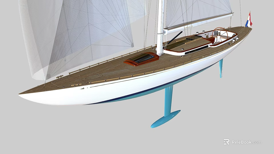 Modern Sailboat With White Sails Wooden Deck And Blue Keel Design 3d model 
