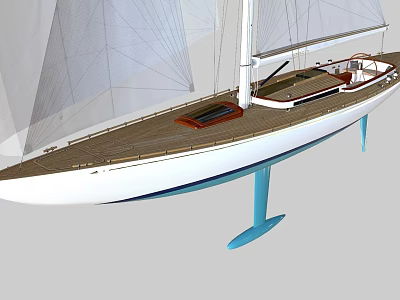 Modern Sailboat With White Sails Wooden Deck And Blue Keel Design 3d model