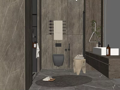 Modern Bathroom Washbasin With Gray Marble Walls Mirror And Storage Cabinet 3d model