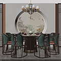 Chinese Style Round Dining Table Set With Green Chairs And Circular Artwork 3d model