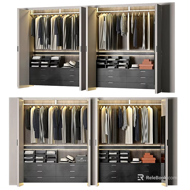 Modern Wardrobe Interior With Hanging Rails Drawers And Storage Shelves 3d model 