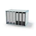 Organized Storage Box With Gray Blue Folders And Compartments For Books And Magazines