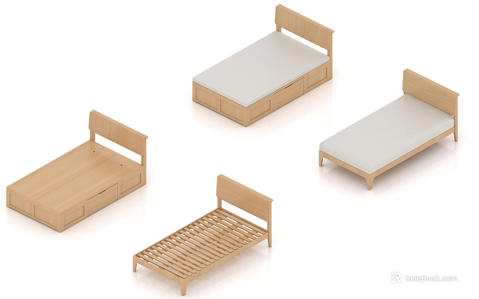 Wooden Single Bed Designs With Storage Drawers And Simple Frame Structures 3d model